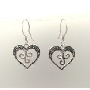 Sterling Silver 925 Stamped Romantic Marcasite Dangle Heart Earrings